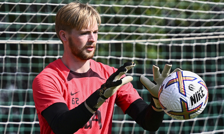 Caoimhin Kelleher during a Liverpool training session