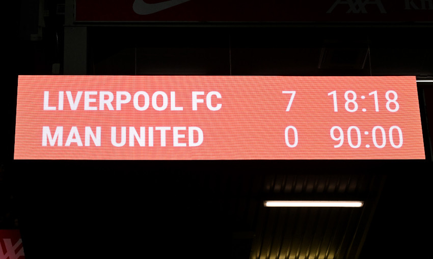 The scoreboard at Anfield shows Liverpool's 7-0 win over Manchester United