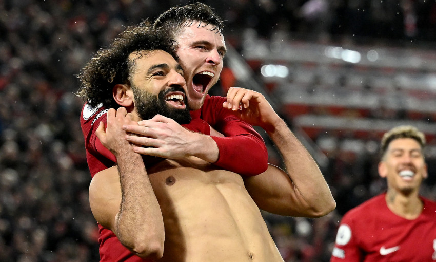 Mohamed Salah and Andy Robertson celebrate a goal against Manchester United