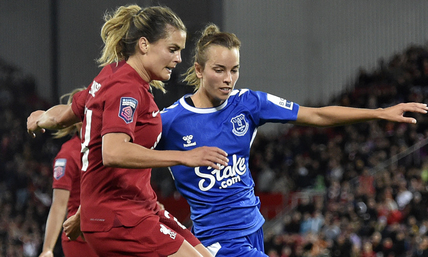 Katie Stengel competes for the ball as Liverpool FC Women play against Everton Women