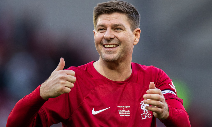Steven Gerrard celebrates after Liverpool FC Legends beat Celtic