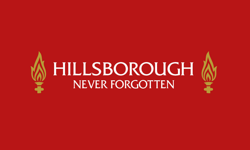 A graphic marking the 34th Hillsborough anniversary reads Never Forgotten, flanked by the Eternal Flames
