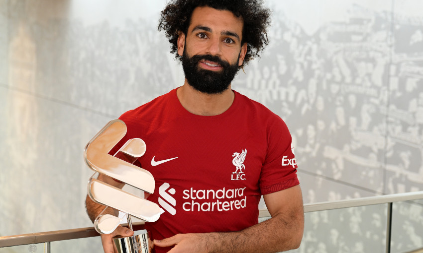 Mohamed Salah collects the Standard Chartered Men's Player of the Month award for March 2023