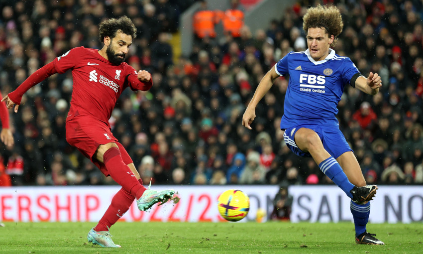 Mohamed Salah takes a shot during an Anfield clash with Leicester City