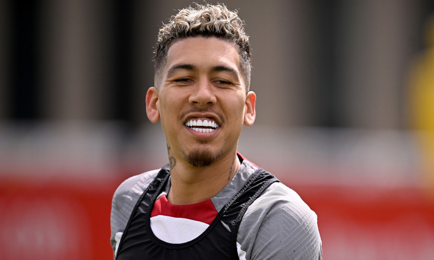 Roberto Firmino smiles during a Liverpool training session
