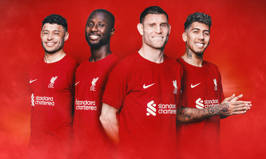 A graphic showing Roberto Firmino, Naby Keita, James Milner and Alex Oxlade-Chamberlain in LFC kit