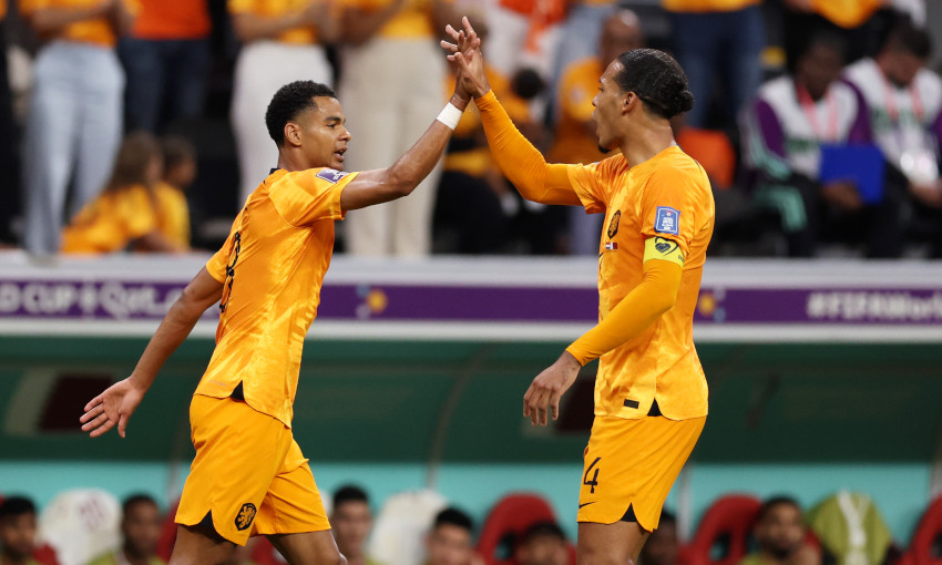 Cody Gakpo and Virgil van Dijk celebrate while playing for the Netherlands