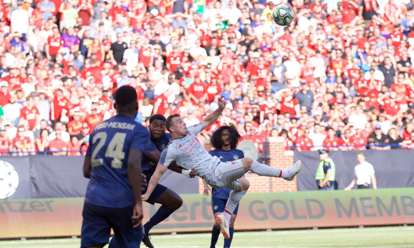 Xherdan Shaqiri scores an overhead kick for Liverpool against Manchester United in 2018