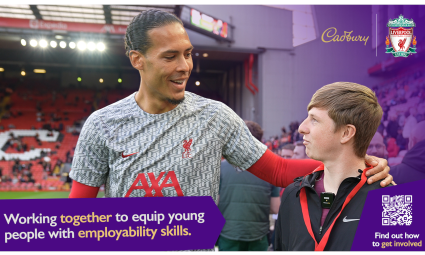 A graphic shows Virgil van Dijk with a young fan as part of LFC and Cadbury's partnership renewal