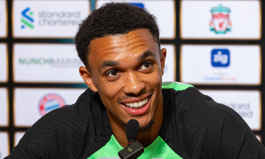 Trent Alexander-Arnold speaks at a Liverpool press conference in Singapore
