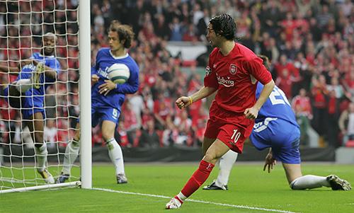 Liverpool No.10 Luis Garcia scores against Chelsea in the semi-finals of the 2005 Champions League.